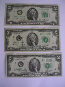 3 -$2 bills. 1976 7777 edition. Not mint condition ,BUT VERY GOOD CONDITION - Picture 1 of 3