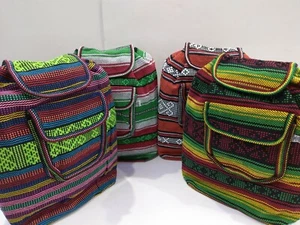 RASTA Bag Beach Hippie Baja Ethnic Multicolors Wide Backpack Made in Mexico - Picture 1 of 29