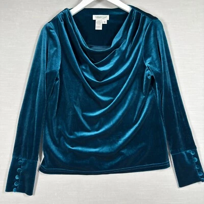 Coldwater Creek Топ женщин маленький синий бархат длинным рукавом драпированный кнопка рукав - Изображение 1 из 4