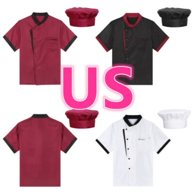 Men's Chef Coat with Hat Set Jacket Kitchen Work Uniform Short Sleeve Shirts - Image 1 of 4
