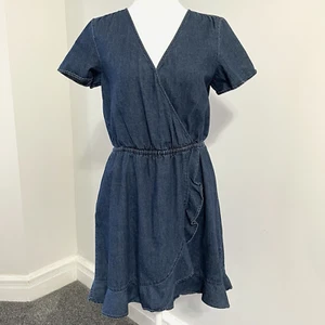 J Crew Dress Womens Small Chambray Denim Ruffle Faux Wrap Short Sleeve Cotton - Picture 1 of 10