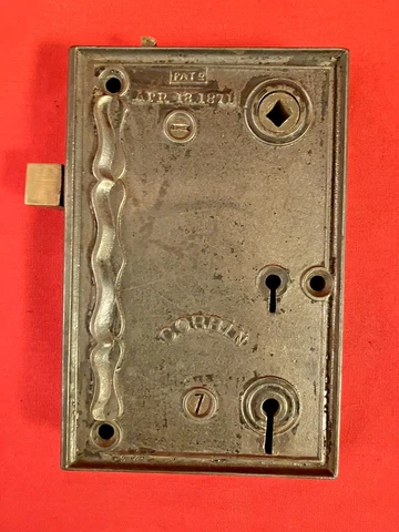 Antique Corbin Brass & Cast Iron Rim Lock Pat APR 18, 1871 ~6.4" x ~4" x ~1" Cover