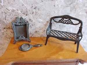 Antique Vintage Dolls' House Miniatures French Mirror, Photo Frame & Small Bench - Picture 1 of 6