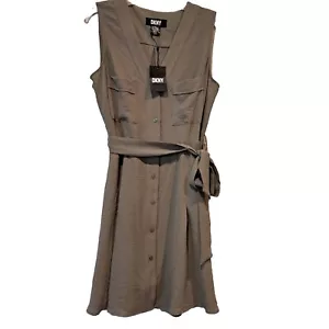 DKNY Womens Olive Green Sleeveless Shirtdress V-Neck Crinkled Tie Front 12 NWT  - Picture 1 of 24