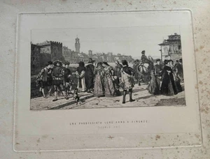 1870 RADIERUNG AQUATINTA MONTICELLI SPAZIERGANG LONG'ARNO IN FLORENZ LOVERA ED. - Bild 1 von 2