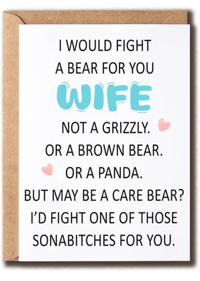 Would Fight A Bear For You Wife - Cartão fofo - Cartão engraçado para esposa - Imagem 1 de 2