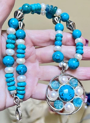 BEAUTIFUL Designer Sterling Silver Turquoise, Pearl, Sea Glass Ornate Necklace - Image 1 of 4