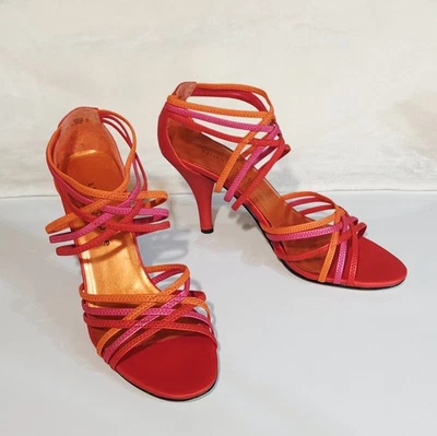Tacones Y2k Vintage Boho caprichosos coloridos con tiras apóstrofe naranja rosa talla 9,5 Foto 1 de 4