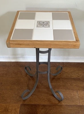 Antique Tile Plant Stand. Grey White Tiles Decorative Ctr Tile Wrought Iron Base - Image 1 of 4
