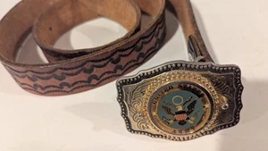 Vintage Army Eagle Belt Buckle Brown with Tooled Leather Belt USA - Picture 1 of 12
