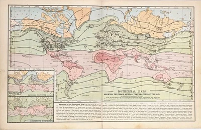 1887  Map WORLD Isothermal Lines - Chart ORIGINAL ANTIQUE (17x10.5)  Appleton - Image 1 of 3