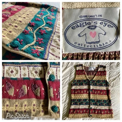 De Colección 1995 Ojo de Águila Tejido Botón Suéter Chaleco Cuello en V Para Hombres M Bellota Otoño Rojo Verde Foto 1 de 4