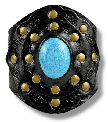 Браслет-манжета из тисненой кожи с заклепками Three Bird Nest черный с бирюзовым медальоном - Изображение 1 из 4