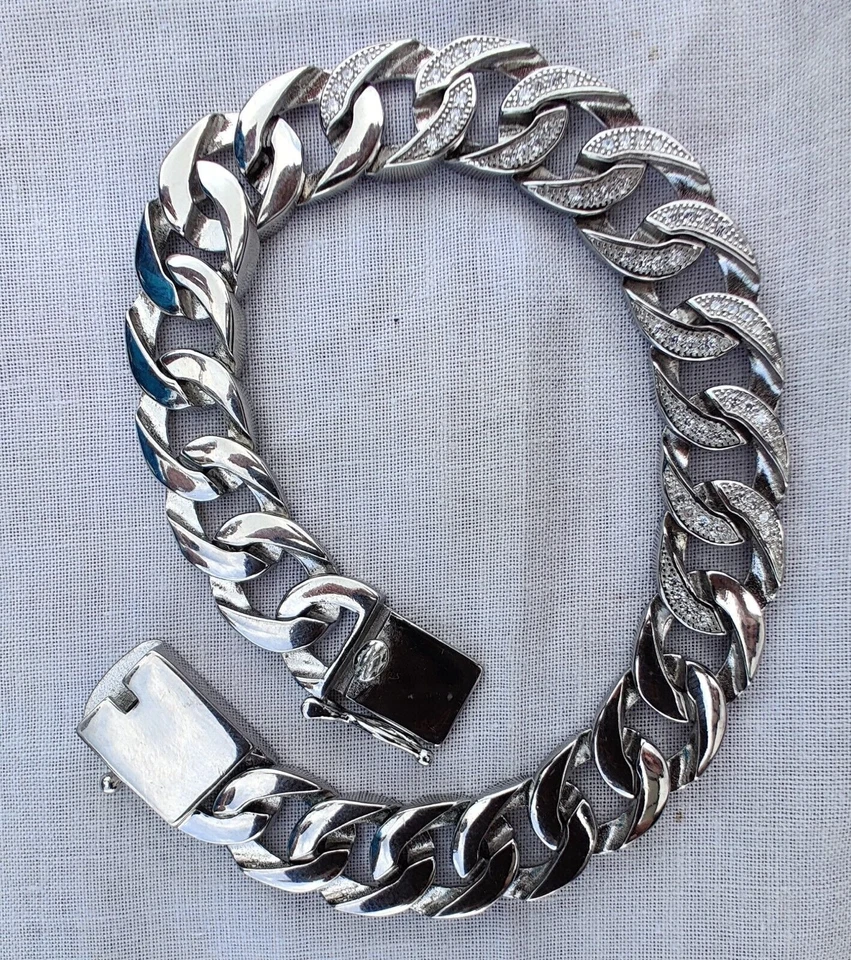 Bracciale da uomo in argento sterling 925 con catena a maglie cubane con zirconi - Immagine 1 di 4
