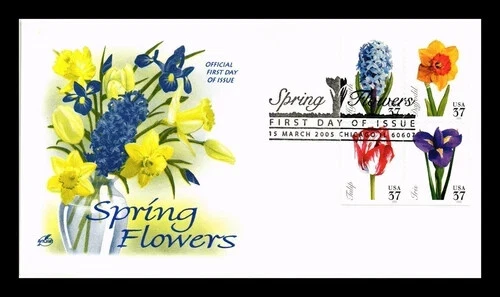 弹簧花 HYACINTH DAFFODIL TULIP IRIS 4 张邮票套装 2005 年 ARTCRAFT CACHET FDC — 第 1/1 张图片