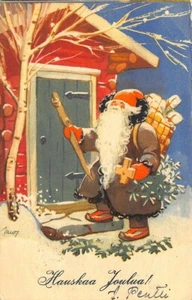 Postal de Papá Noel en la puerta con túnica marrón firmada por artista - Imagen 1 de 2