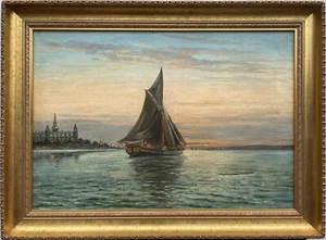 Impresionista ambiente nocturno velero frente a la costa castillo Kronborg Öresund mar - Imagen 1 de 14