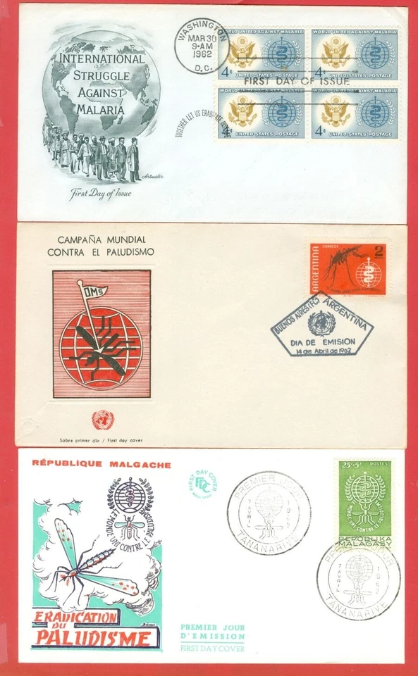 Malaria Mosquito  USA Malagasy Argentina 3 diff FDC Cover Uncommon cachet #a7191 - Image 1 of 1