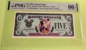 RARE PMG Graded $5 1988 Disney Dollar Block D-A Goofy 66 GEM UNC EPQ - Picture 1 of 7