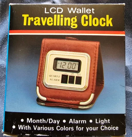 Vintage LCD Wallet Travelling Clock Brown Leather Quartz Alarm Tested & Working Cover