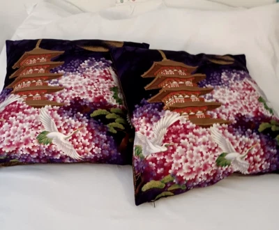 2 Large Handmade Asian PAGODAS AND CRANES Feather Pillows, Black/Pink/Gold/White - Image 1 of 4