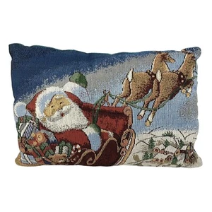 Santa Claus Tapestry Throw Pillow With Sleigh Reindeer Scene 12 x 18 - Picture 1 of 10