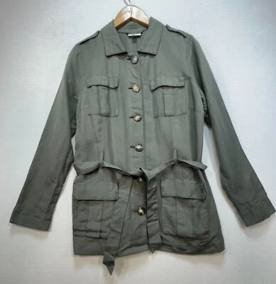 Chaqueta militar utilitaria de lino para mujer J. Jill talla S verde oliva con botones con cinturón Foto 1 de 4