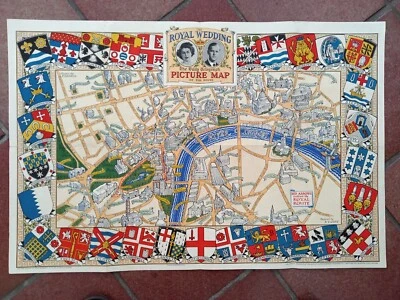 Rare Royal Wedding 1947 Daily Telegraph Picture Map of London, Pictorial Route Foto 1 de 4