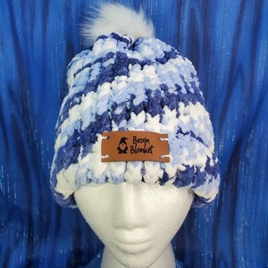 Blue Dreams Brain Blanket Beanie with Pom Hat 9" Wonderfully Warm Handmade NEW - Picture 1 of 2