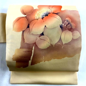 Japanese Kimono SILK ,Nagoya OBI , Sign, Plants, Pale orange,L11'8"..2724 - Picture 1 of 5