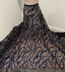 Navy black iridescent 4way stretch sequin Embroidery fabric 50” Width 1 Yard - Picture 1 of 6