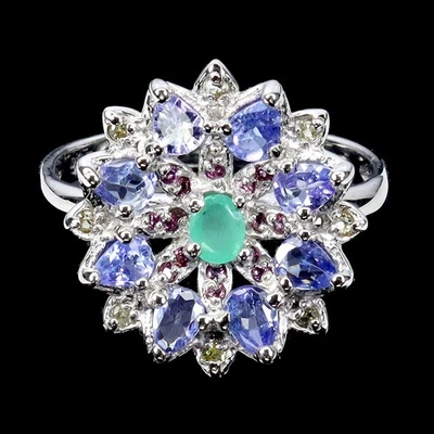 Anillo de plata de ley 925 ovalado esmeralda zafiro tanzanita piedras preciosas joyería talla 8 Foto 1 de 4