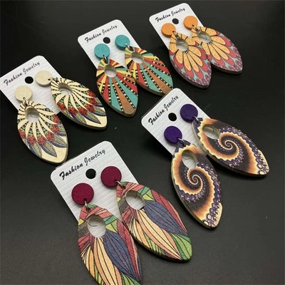 2024 fashion women Retro Geometry Wooden Earrings Jewelry Ornament Earrings - Image 1 of 4