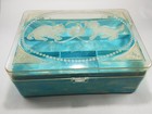 Vintage HOMMER MFG. Blue Swirl 1950s Kitten Sewing Jewelry Box Case Organizer