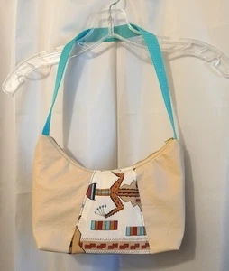 New Western Vinyl Top handle Shoulder Bag Purse Tan Turquoise Crescent Baguette - Picture 1 of 7