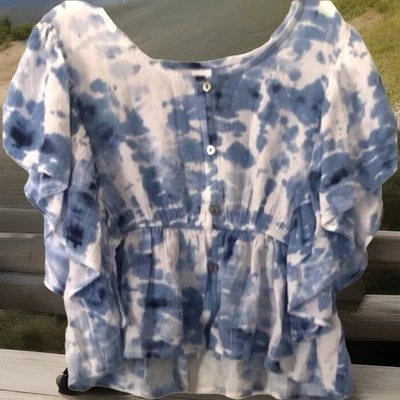 Justice размер 20 плюс синий и белый бабочка рукав Топ Flowy hi/low подол - Изображение 1 из 4