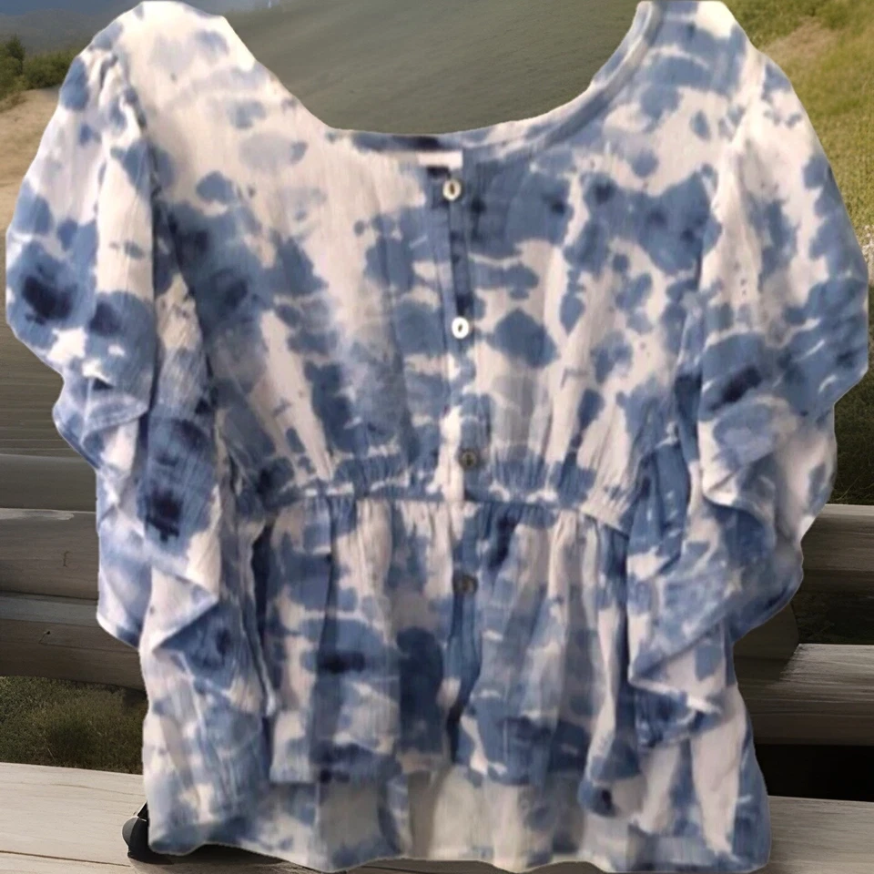 Top Justice Talla 20 Plus Azul y Blanco Manga Mariposa Fluido Dobladillo Alto/Bajo Foto 1 de 4