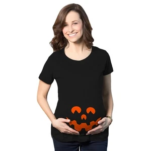 Camiseta Maternidad Dibujos de Dibujos Animados Cara de Calabaza Halloween Otoño Octubre Embarazo Camiseta - Imagen 1 de 8