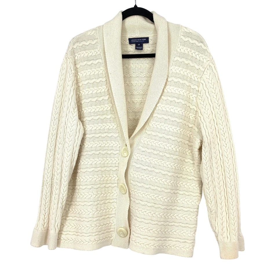 Cárdigan Jones New York cuello chal para mujer talla 2X tejido con cable crema  Foto 1 de 4