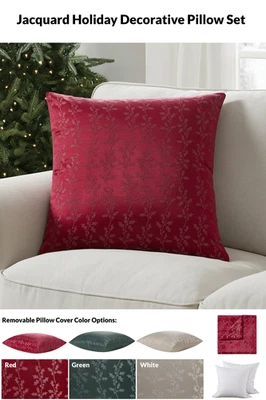 Decorative Holliday Pillow Set (2) with Jacquard Woven Holly Leaf  |  20" x 20" - Image 1 of 2