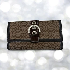Coach Envelope CheckbookWallet Long Leather Canvas Buckle Signature C Logo Brown - Picture 1 of 16