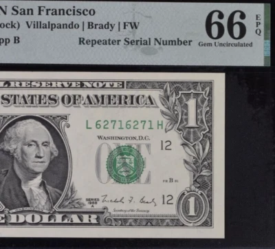 1988 $1 Federal Reserve Note PMG 66EPQ popular wanted repeater serial number - Image 1 of 3