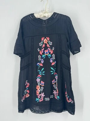 Vestido Free People Shift Negro 100% Algodón Floral Bordado Manga Corta-Talla XS Foto 1 de 4