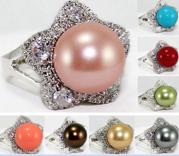 Encantador! Anillo redondo de circón con incrustaciones de cuentas de piedras preciosas con con concha del mar del Sur de 12 mm AAA Foto 1 de 4