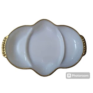 Fire King Milk Glass Divided relish tray gold tone hobnail rim 11x8 inch - Picture 1 of 12
