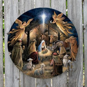 CHRISTMAS MANGER NATIVITY SCENE ROUND METAL SIGN - Picture 1 of 1