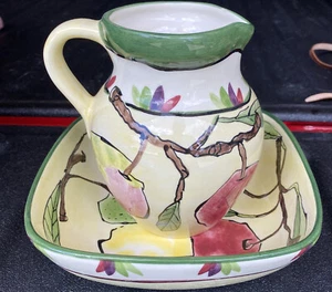 2 PCS TIKA LOTUS INTN'L CHINA PITCHER ~6” & BOWL ~8” FRUIT DESIGN APPLES - Picture 1 of 10