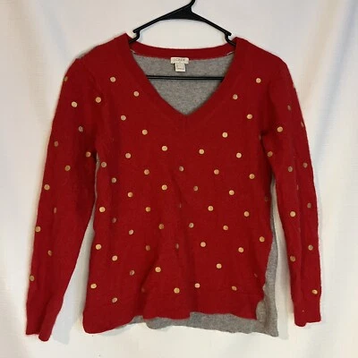 J Crew Womens V-Neck Long Sleeve Sweater Petite Size Large Red/Gold Polka Dot - Image 1 of 3
