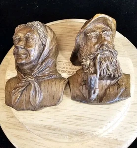 Old Man With Pipe Woman With Scarf Vintage Faux Carved 4 Inch Wood Wall Hangings - Picture 1 of 9