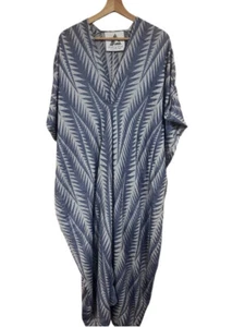 Pearls & Caviar Blue Kaftan Cotton Silk Resortwear Dress with Belt Finikas O/S - Picture 1 of 6